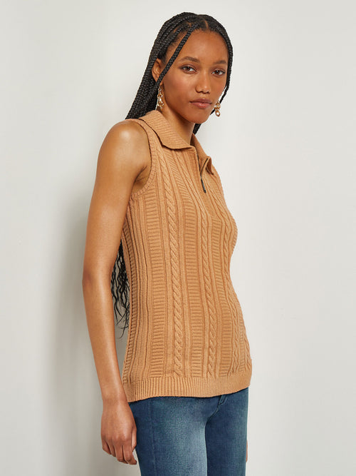 Lapel Collar Zip Neck Cable Knit Tank, Goldenwood | Misook