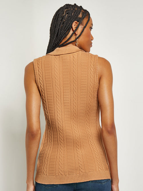 Lapel Collar Zip Neck Cable Knit Tank, Goldenwood | Misook