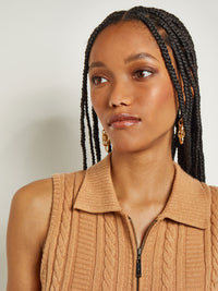 Lapel Collar Zip Neck Cable Knit Tank, Goldenwood | Misook Premium Details