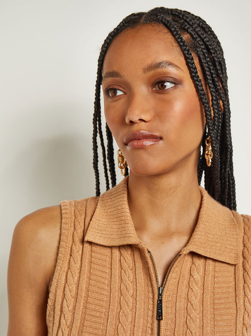 Lapel Collar Zip Neck Cable Knit Tank, Goldenwood | Misook Premium Details