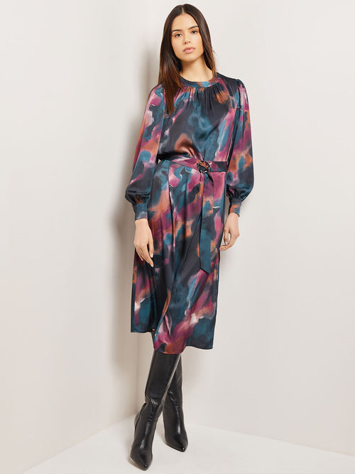 Watercolor Belted Crepe de Chine Midi Dress, Marine Teal/African Violet/Goldenwood/Soft Mauve/New Ivory/Black | Misook