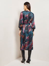 Watercolor Belted Crepe de Chine Midi Dress, Marine Teal/African Violet/Goldenwood/Soft Mauve/New Ivory/Black | Misook