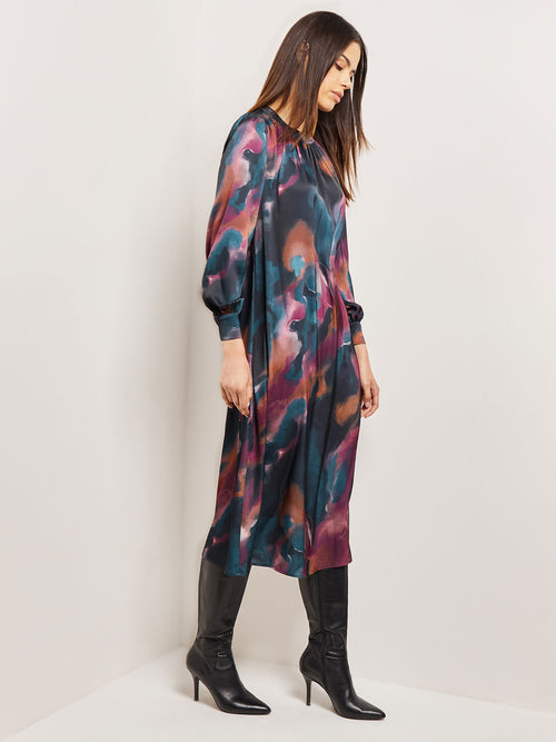Watercolor Belted Crepe de Chine Midi Dress, Marine Teal/African Violet/Goldenwood/Soft Mauve/New Ivory/Black | Misook