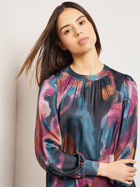 Watercolor Belted Crepe de Chine Midi Dress, Marine Teal/African Violet/Goldenwood/Soft Mauve/New Ivory/Black | Misook Premium Details