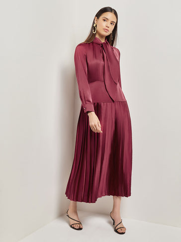 Tie Neck Pleated A-Line Maxi Dress, African Violet