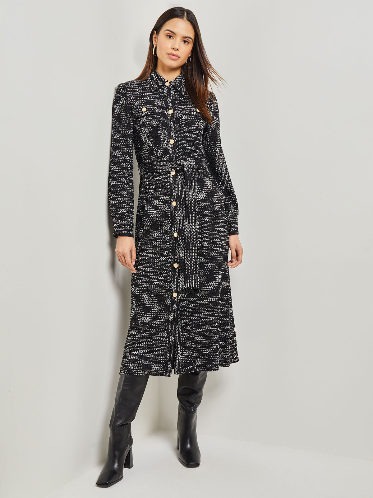 Misook Belted Button Front Tweed Knit Midi Dress