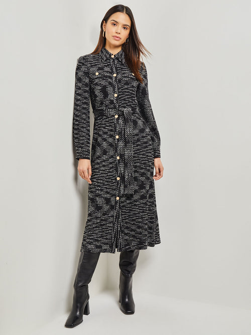 Belted Button Front Tweed Knit Midi Dress, Black/New Ivory | Misook