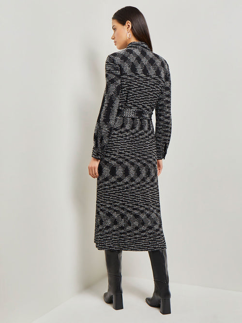 Belted Button Front Tweed Knit Midi Dress, Black/New Ivory | Misook