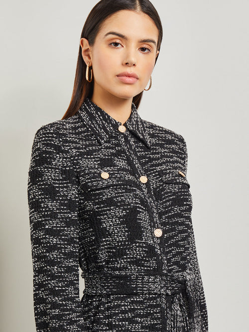 Belted Button Front Tweed Knit Midi Dress, Black/New Ivory | Misook Premium Details