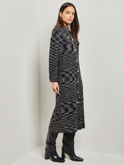Belted Button Front Tweed Knit Midi Dress, Black/New Ivory | Misook