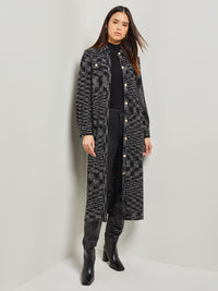 Belted Button Front Tweed Knit Midi Dress, Black/New Ivory | Misook