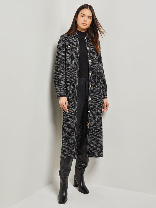 Belted Button Front Tweed Knit Midi Dress, Black/New Ivory | Misook