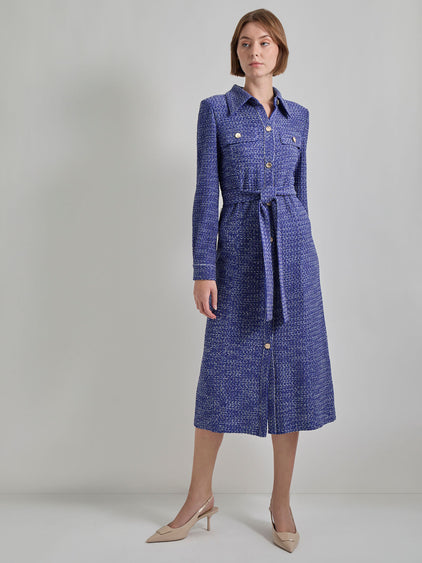 Belted Button Front Tweed Knit Midi Dress 
