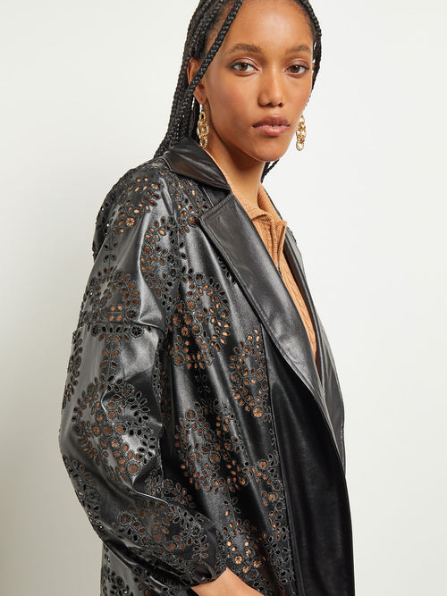 Open Front Vegan Leather Jacket, Black | Misook Premium Details