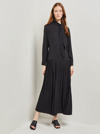 Tie Neck Pleated A-Line Maxi Dress, Black, Black | Misook