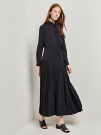 Tie Neck Pleated A-Line Maxi Dress, Black, Black | Misook