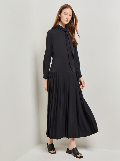 Tie Neck Pleated A-Line Maxi Dress, Black, Black | Misook