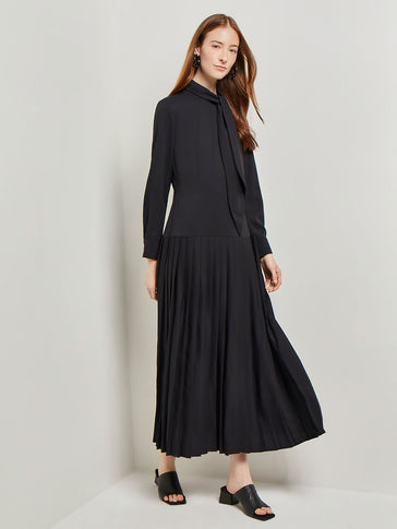 Tie Neck Pleated A-Line Maxi Dress, Black, Black | Misook