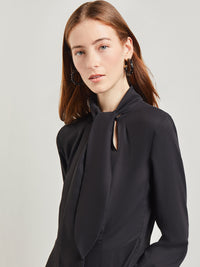 Tie Neck Pleated A-Line Maxi Dress, Black, Black | Misook Premium Details