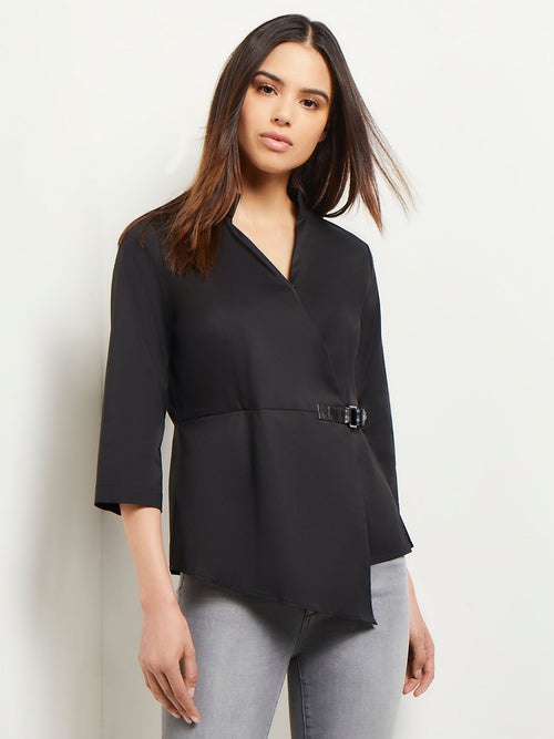 Asymmetrical Side Buckle Cotton Poplin Blouse, Black | Misook