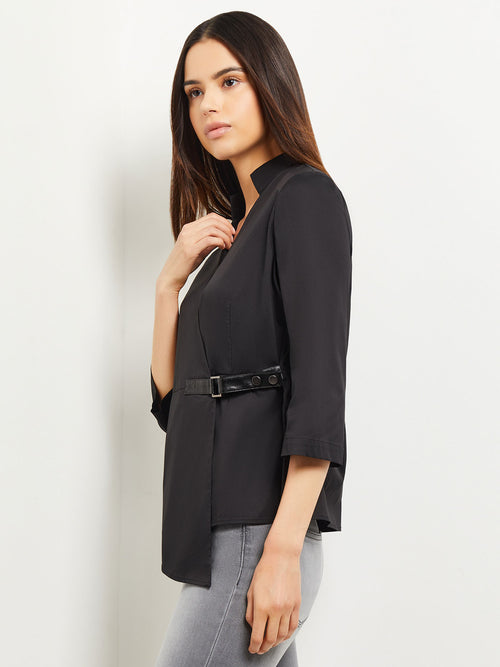 Asymmetrical Side Buckle Cotton Poplin Blouse, Black | Misook