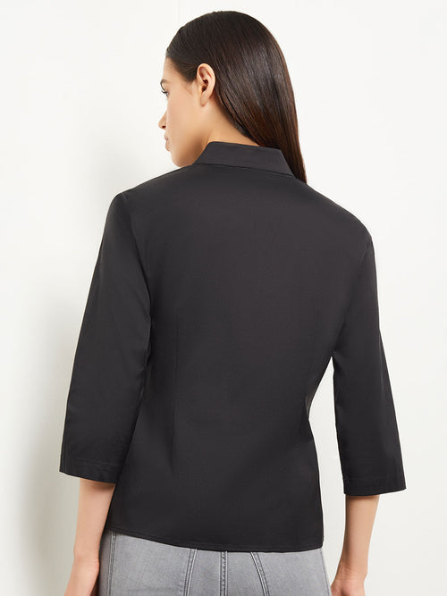 Asymmetrical Side Buckle Cotton Poplin Blouse, Black | Misook