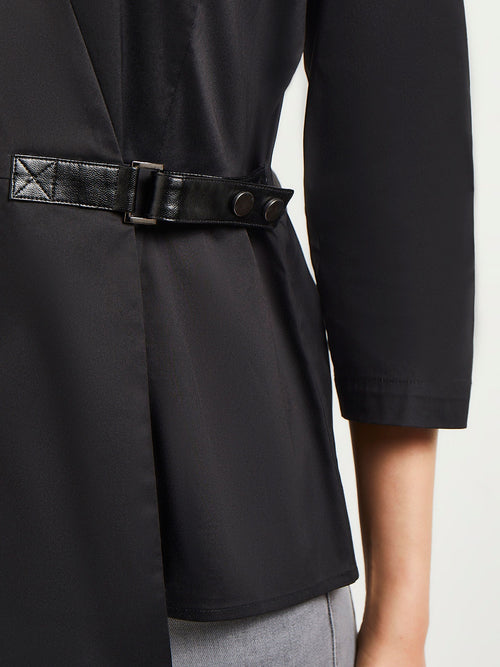 Asymmetrical Side Buckle Cotton Poplin Blouse, Black | Misook Premium Details