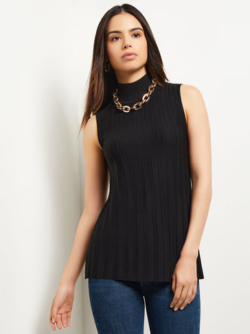 Mock Neck Ribbed Soft Knit Tank, Black | Misook
