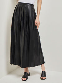 Pleated Vegan Leather Midi Skirt, Black, Black | Misook