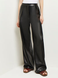 Pleated Straight Leg Vegan Leather Pants, Black, Black | Misook