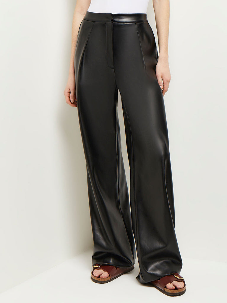 Pleated Straight Leg Vegan Leather Pants, Black, Black | Misook