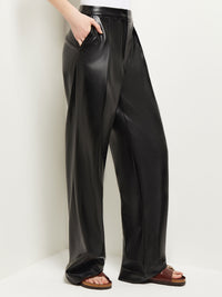 Pleated Straight Leg Vegan Leather Pants, Black, Black | Misook Premium Details