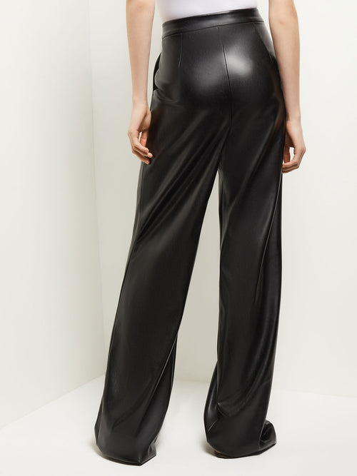 Pleated Straight Leg Vegan Leather Pants, Black, Black | Misook