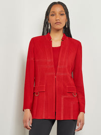 Mandarin Collar Tailored Knit Jacket, Classic Red | Misook