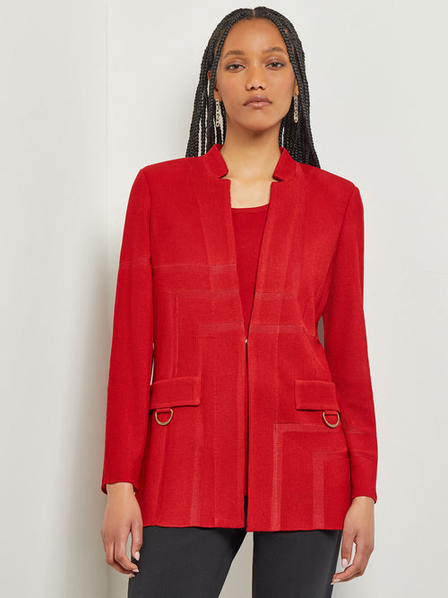 Mandarin Collar Tailored Knit Jacket, Classic Red | Misook