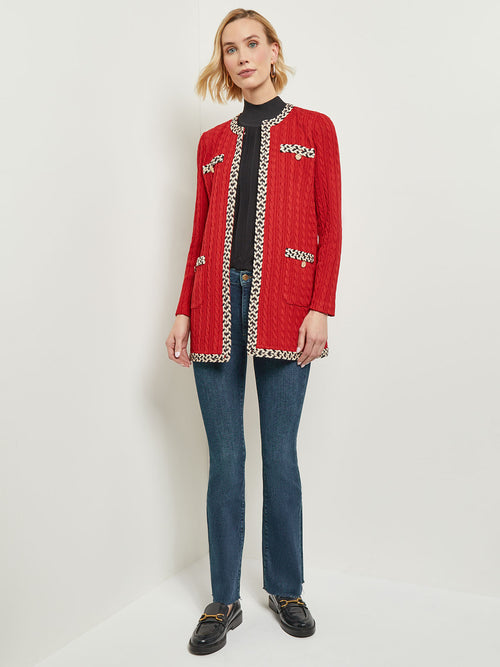 Jewel Neck Contrast Trim Tweed Knit Jacket, Classic Red/Biscotti/Black | Misook