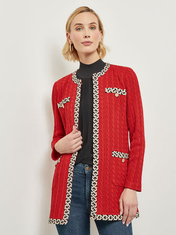 Jewel Neck Contrast Trim Cable Knit Jacket