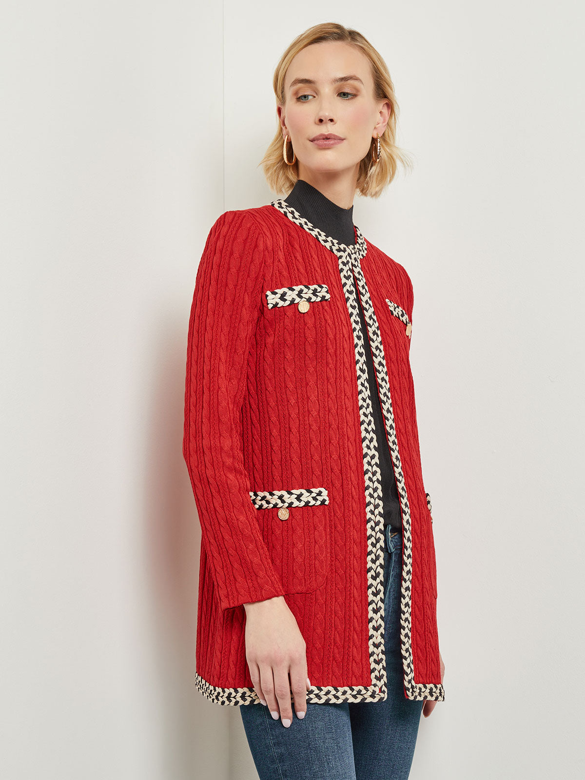 Jewel Neck Contrast Trim Cable Knit Jacket
