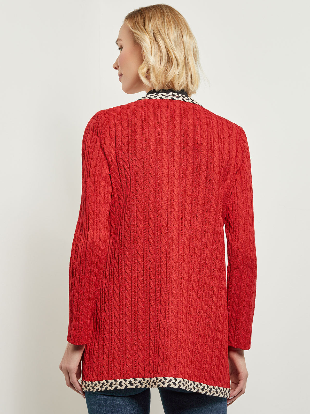 Jewel Neck Contrast Trim Cable Knit Jacket