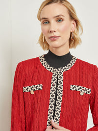 Jewel Neck Contrast Trim Tweed Knit Jacket, Classic Red/Biscotti/Black | Misook Premium Details