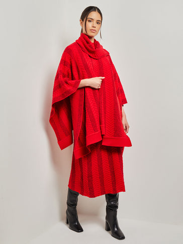 Textural Stripe Cable Knit Wrap, Classic Red | Misook
