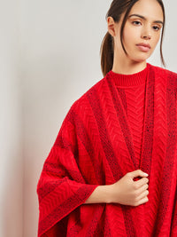 Textural Stripe Cable Knit Wrap, Classic Red | Misook Premium Details