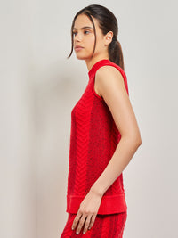 Textural Stripe Mock Neck Cable Knit Tank, Classic Red | Misook