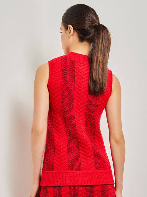 Textural Stripe Mock Neck Cable Knit Tank, Classic Red | Misook