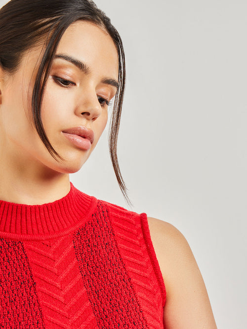 Textural Stripe Mock Neck Cable Knit Tank, Classic Red | Misook Premium Details