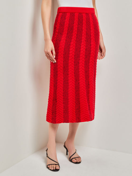Textural Stripe A-Line Knit Midi Skirt, Classic Red | Misook