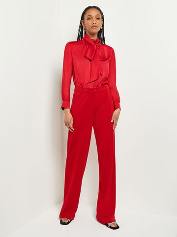 Tie-Neck Mixed Media Jumpsuit, Classic Red