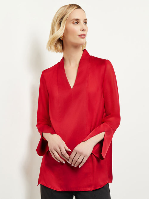 Slit Cuff Long Sleeve Crepe de Chine Blouse, Classic Red | Misook