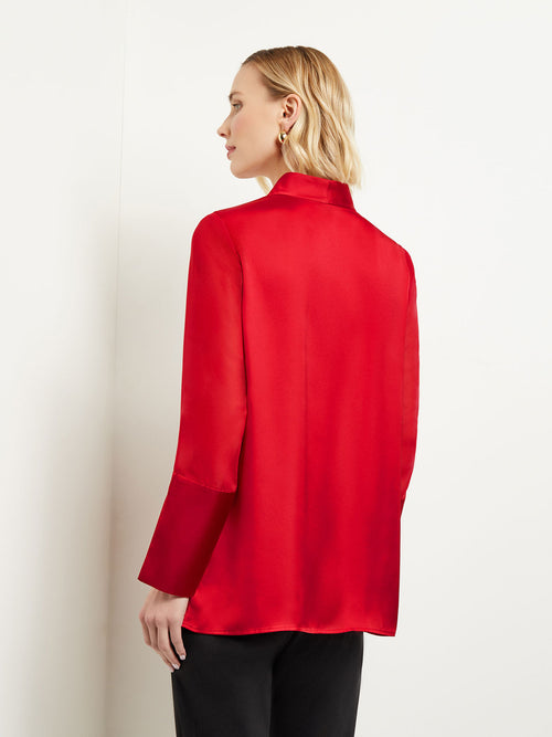 Slit Cuff Long Sleeve Crepe de Chine Blouse, Classic Red | Misook