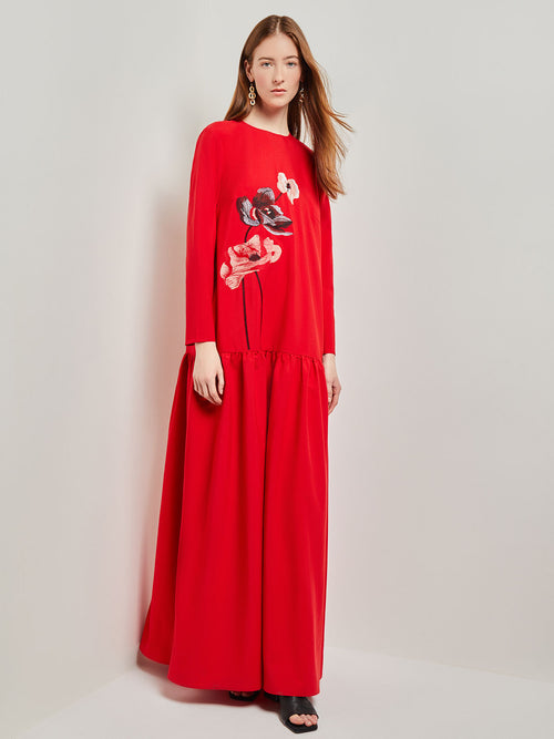 Placed Floral Drop Waist Twill Maxi Dress, Classic Red/Mahogany/Venetian Rose/Biscotti/Black | Misook